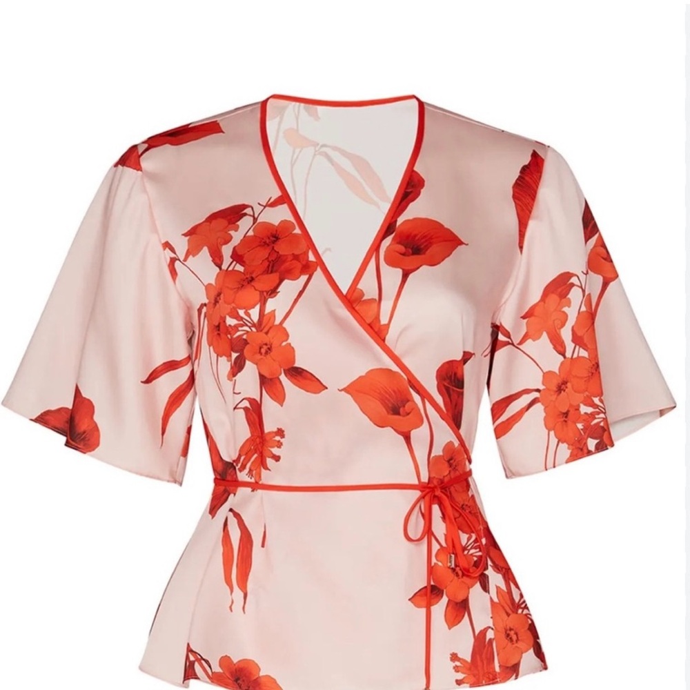 Ted Baker London Pink Floral Wrap Blouse with Red Print